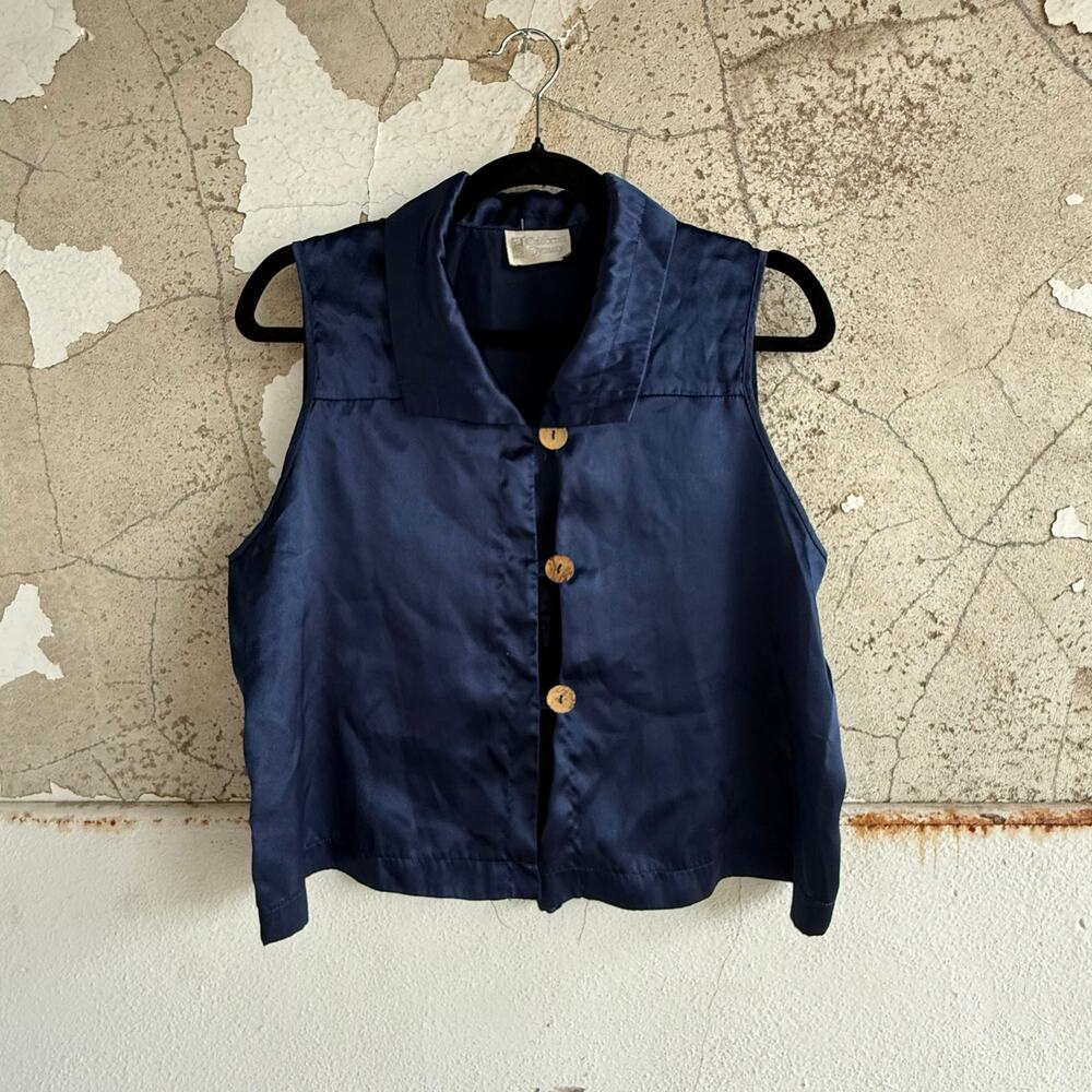 Vintage California Dynasty‎ Blouse Sleeveless Silky Top Navy Button Front Vest L